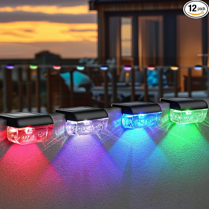 12 Pack Solar Deck Lights, RGB Color Changing Christmas Solar Fence Lights, Waterproof Step Lights for Outside, Step, Fence, Deck, Stair, Pool and Yard