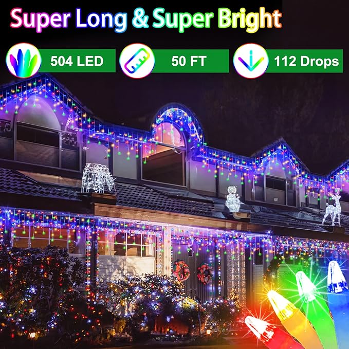 50FT 504 LED Outdoor Christmas Lights - 112 Ice Drops, 12 Pro Modes with Timer Memory & Brightness, Waterproof Hanging Ice String Light for Holiday Wedding Garden Fence House Decor (Multicolor)