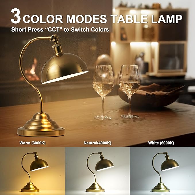 Cordless LED Table Lamp, Battery Operated Desk Lamps with Swing Arm & Plastic Shade, Vintage Small Rechargeable Dimmable Light for Bedroom, Living Room, Nightstand, Brass