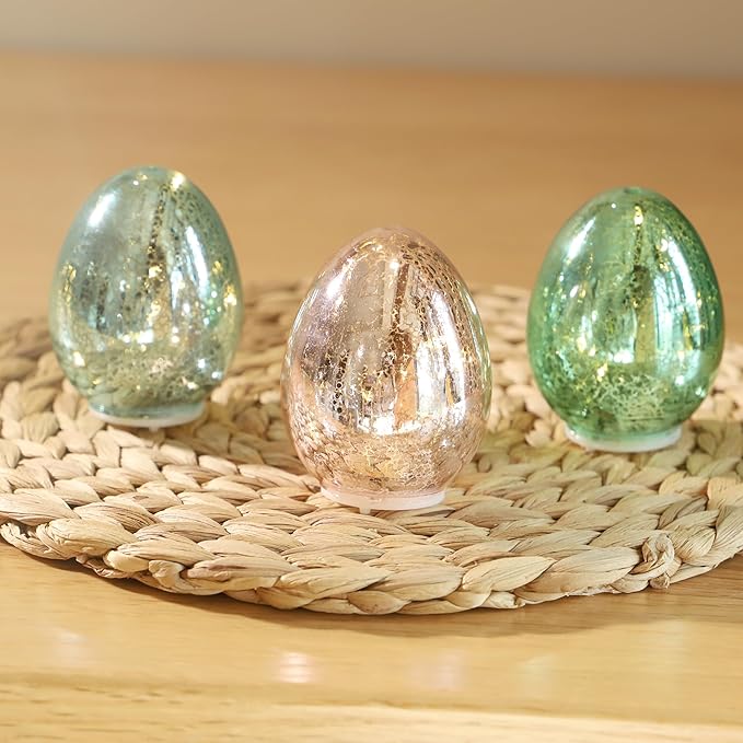 Easter Eggs Decoration Handcrafted Glass Egg Light for Nursery Egg Night Light Battery Operated Ideal Easter Table Decorations (Set of 3)