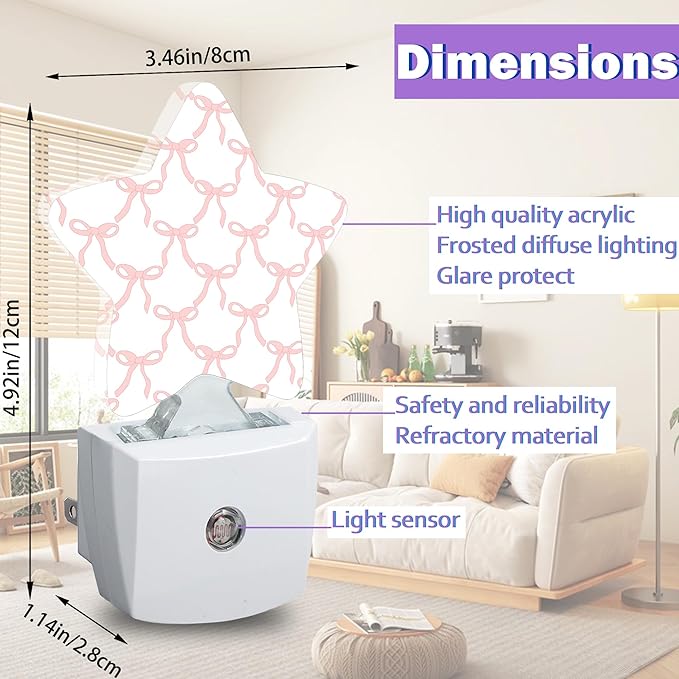 Pink Bow Night Lights Plug Into Wall,Girls Princess Dusk to Dawn Light Sensor Night Light for Kids, Energy Efficient Sleep Friendly Lamp for Bedroom Bathroom Nursery