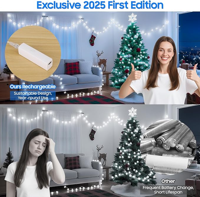 Christmas Lights, Snowflake Rechargeable Fairy Lights, 20FT 40 LED Mini String Lights Battery Operated Indoor, Twinkle Lights with 8 Modes & Timer for Bedroom Party Xmas Tree Decorations, Cool White