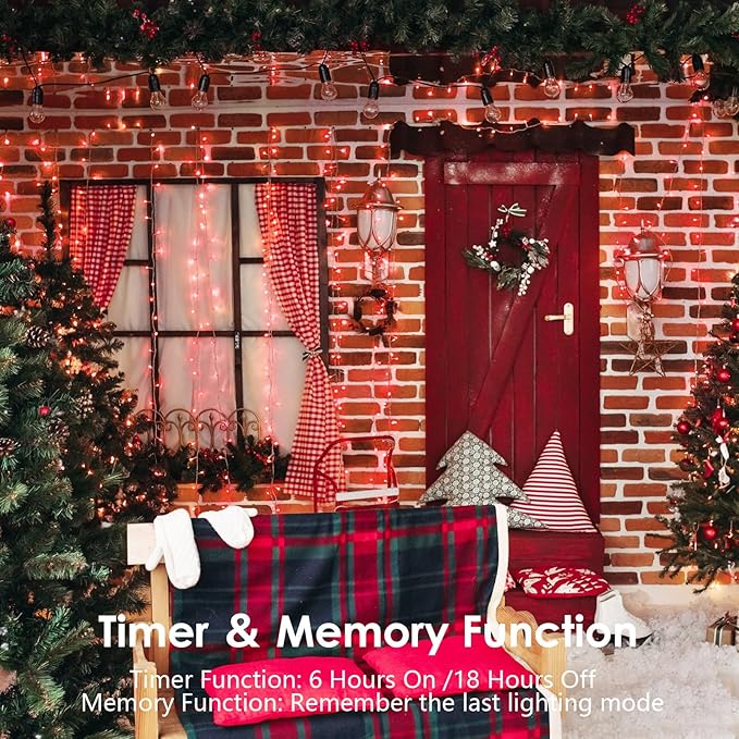 2 Pack Christmas String Lights Battery Operated with Timer, 66FT 200 LED Waterproof Twinkle Lights, 8 Modes Fairy Light for Indoor and Outdoor Bedroom Garland Tree Christmas Decorations (Red)