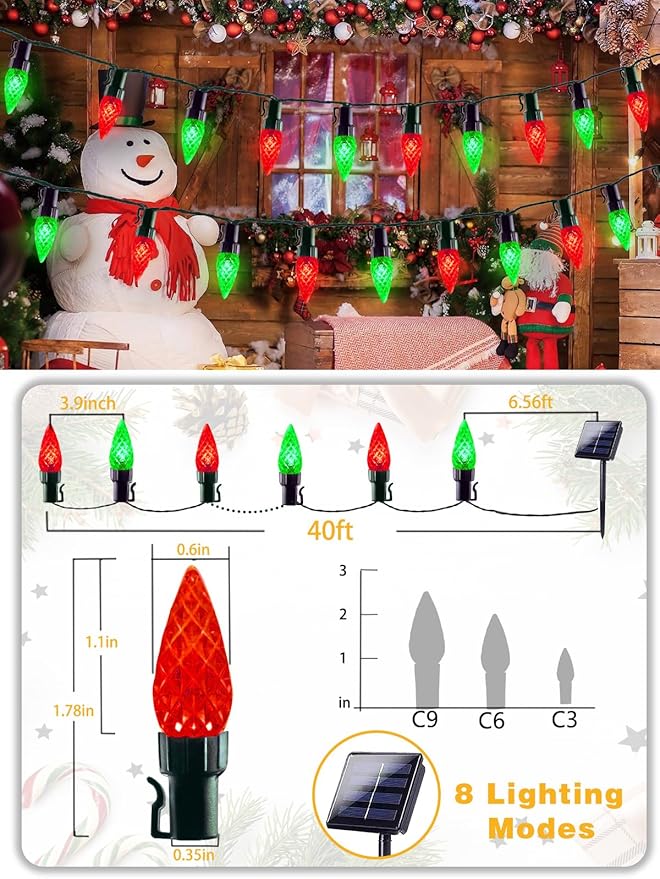 C6 Solar Christmas Lights Outdoor, 100 LED 33FT Christmas Decorations Outdoor Waterproof, Solar String Lights for Outside with 8 Modes, Fairy Twinkle Light for Tree Garden Yard Decor (Red and Green)