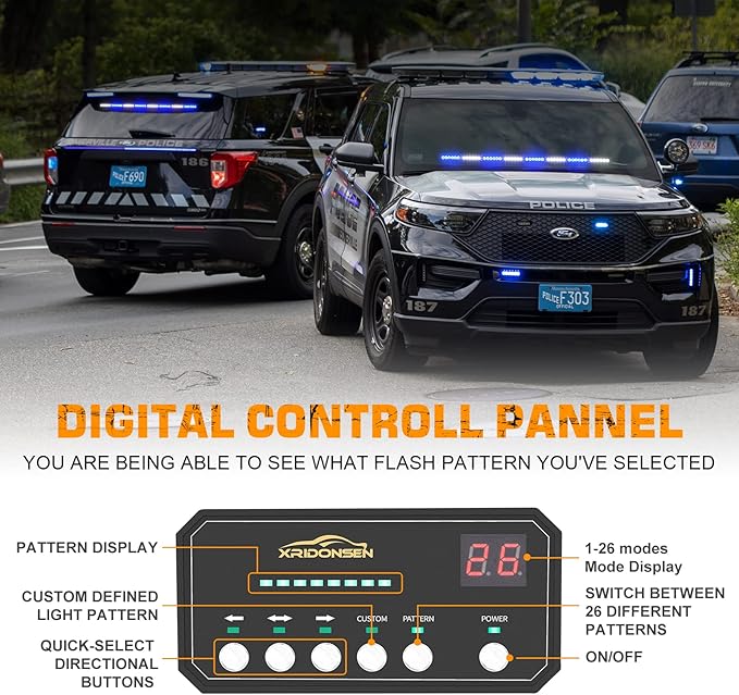 XRIDONSEN 35 inch Blue White Traffic Advisor Light Bar 48 LED Emergency Strobe Lights Safety Warning Front/Rear Window Lights w/Display Controller for Police Firefighter Ambulance Vehicles Trucks