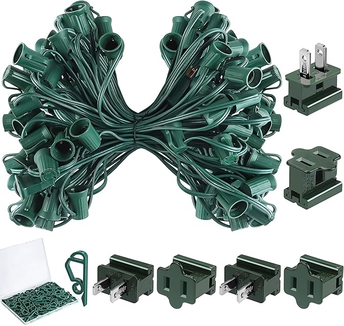 Fovths 50 Ft C9/E17 Christmas Light Sockets Set Outdoor UL Listed String Light Include 50 E17 Socket with 100 Clips, 6 Female Male Plug, Christmas C9 Green Wire for Patio Event Decor