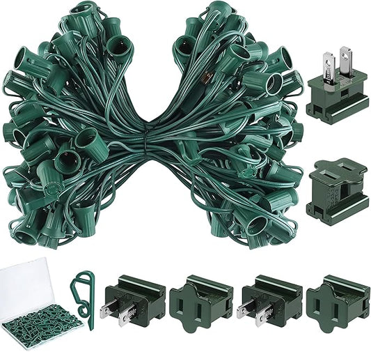 Fovths 50 Ft C9/E17 Christmas Light Sockets Set Outdoor UL Listed String Light Include 50 E17 Socket with 100 Clips, 6 Female Male Plug, Christmas C9 Green Wire for Patio Event Decor