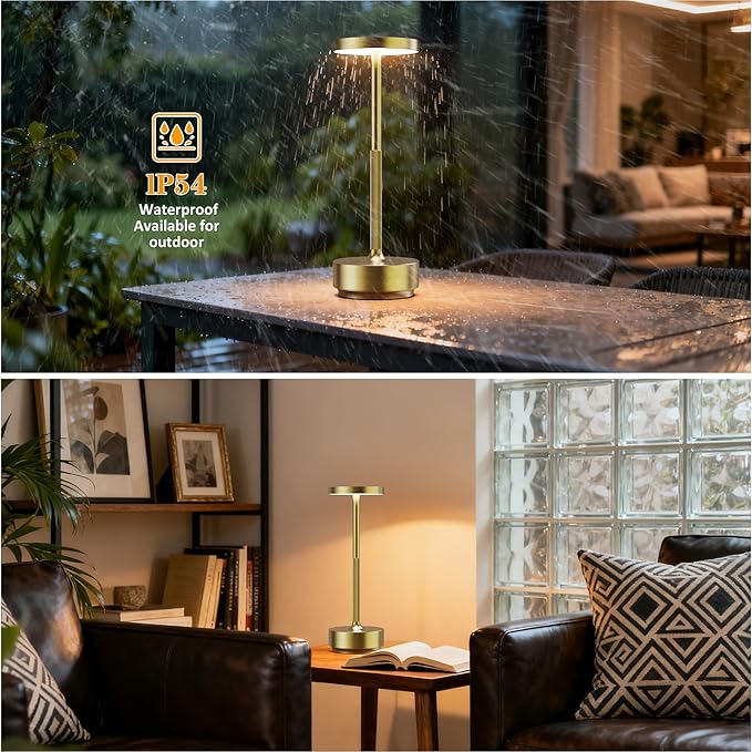 SAKRINGT 2 Pack Rechargeable Cordless Table Lamp - Battery Operated LED Portable Table Light with 3 Color Stepless Dimming, Memory Function - IP54 Waterproof for Outdoor, Restaurant, Patio, Camping