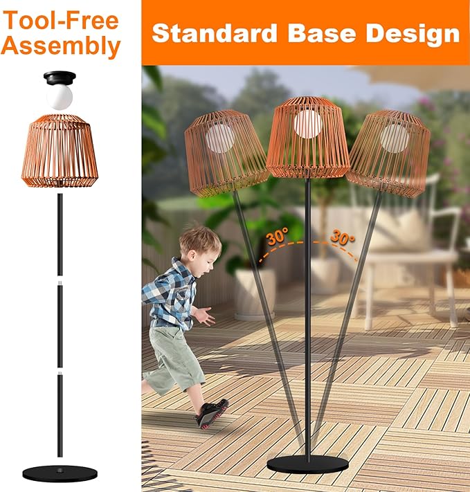 Outdoor Solar Floor Lamp, Garden Rattan Wicker Light, Metal Pole and Base, Waterproof Yard Garden Wedding Home Decor Light
