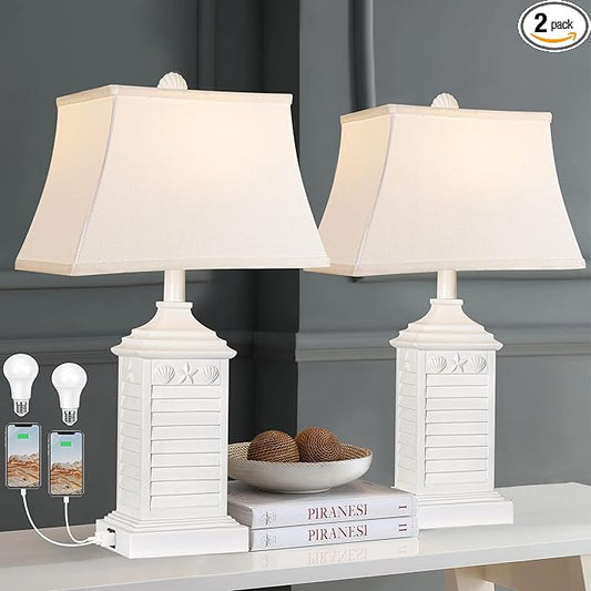 Table Lamps for Living Room Set of 2, Coastal White Bedside Lamps for Bedroom with USB A+C Outlet Modern Resin 3-Color Temperature Nightstand Lamp for End Table (Bulbs Included)