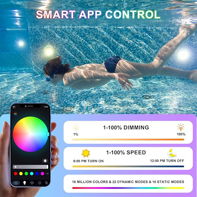 Led Pool Lights for Inground Pools Smart RGB Dimmable Underwater Submersible Lights with APP Control, IP68 Waterproof 12V for Swimming Pool Spa Light, Hot Tub - Shark,26.2ft Cable