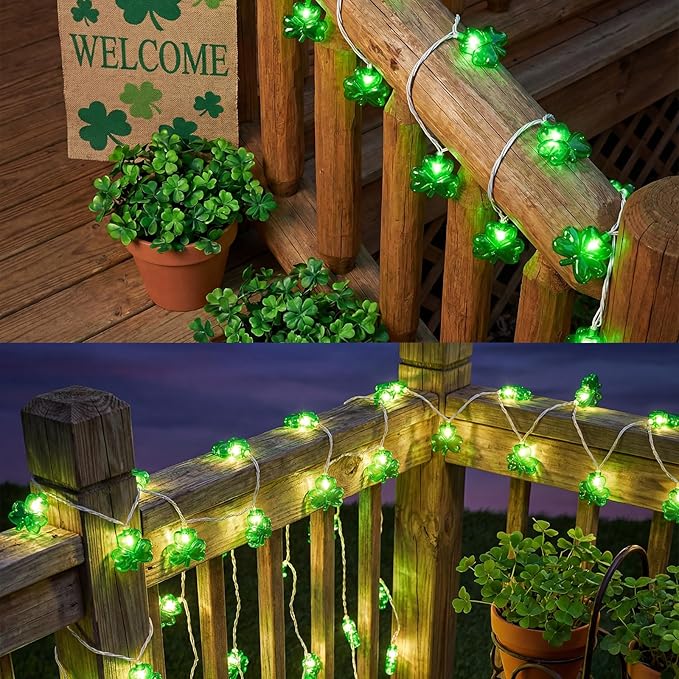 8.5Ft St Patricks Day Lights, 10 LED Clear Green 3D Shamrock Lights Plug in, Connectable St Patrick's Day String Lights Shamrock, St Patricks Day Outdoor Lights for Home Party Decor