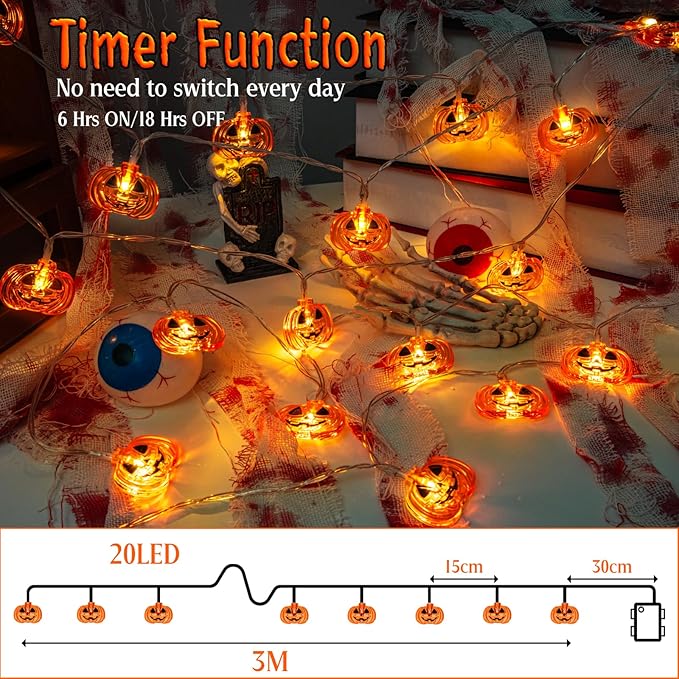 Halloween Lights Pumkin Lights 10FT 20LED with Timer 8 Modes Battery Operated Indoor Outdoor for Halloween Decorations, Pumpkin Decor