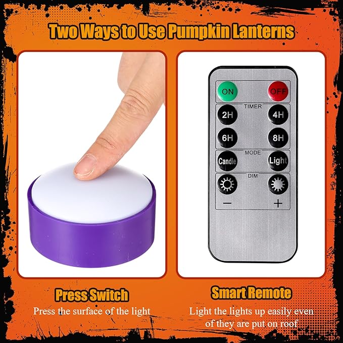 Riakrum 6 Pieces Remote Timer LED Lights with Remote LED Pumpkin Lights Battery Operated Lantern Bright Flameless Candle(Purple,Purple Light)
