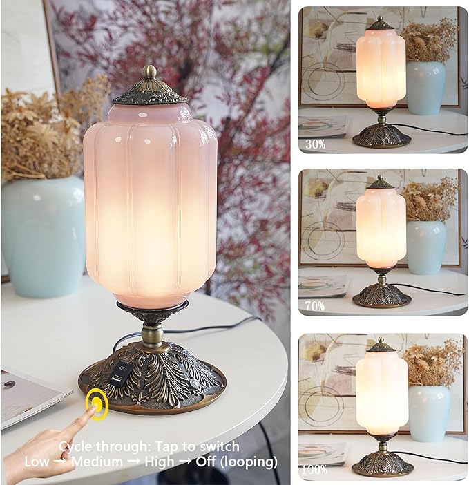Vintage Purple Glass Touch Table Lamp, Elegant MilK Glass Bedside Desk Lamp 3 Way Dimmable with USB C+A Charging Ports - Bedroom Nightstand & Living Room Essential, 4W Bulb Included (Purple, 6.5)