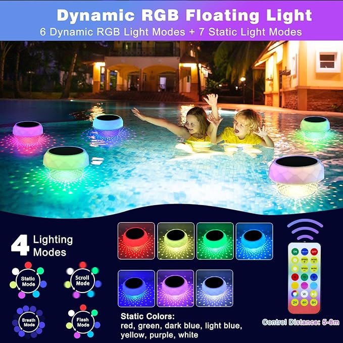 Solar Powered LED Floating Pool Light with RGB Color Changing Lights, IP68 Waterproof Pool Light with Remote Control, Remember to Press The Switch on The Solar Panel Or The Remote Won't Work
