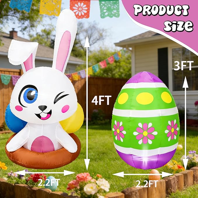Dearsun Set of 2PCS, 4FT H Easter Inflatable Bunny and Egg, Outdoor Easter Egg Hunting Sign Decorations, Cute Easter Blow up Winking Bunny & Giant Egg, Yard Decoration with LED Lights for Party Decor