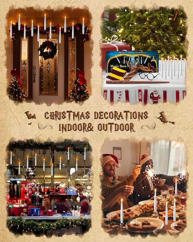 Floating Candles with Wand Remote 18PCS - Christmas Hanging Candle with Glasses, Tie, Scarf, Magic Flameless Taper Candles Floating Lights Gifts for Xmas Decorations Wedding Birthday Party Decor