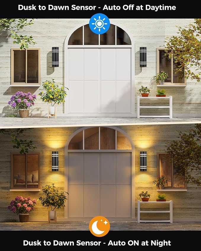 SHIMR Dusk to Dawn Outdoor Lighting 2 Pack, Modern Outdoor Wall Lights with LED Bulbs, Matte Black Exterior Lighting Fixtures Wall Mount, Up and Down Outside Lights for House Porch Garage [ETL Listed]