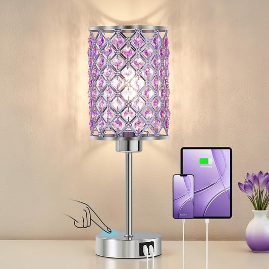 GyroVu Purple Crystal Table Lamp with USB C+A Ports, Dimmable Touch Control Bedside Lamp with LED Bulb, Small Night Light for Bedroom, Living Room, Girls Room, Office