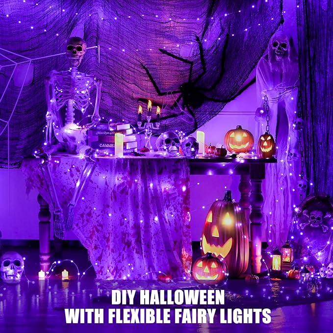 JMEXSUSS 2 Pack Halloween Fairy Lights Battery Operated, Total 200 LED 66ft Purple Christmas Lights with Remoter, 8 Modes Twinkle String Lights Light for Halloween Tree Indoor Outdoor Decorations