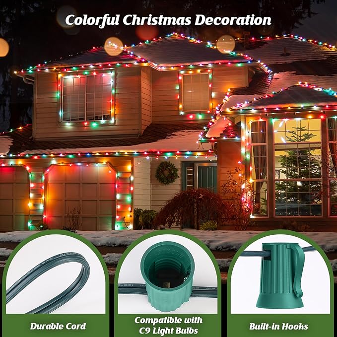 Brightever Commercial 500 FT C9 Christmas LED Lights String Outdoor, E17 Christmas Light Sockets Set Spool, C9 Sockets Patio String Lights C9 Strands - 12 Spacing Intermediate Base Green Wire