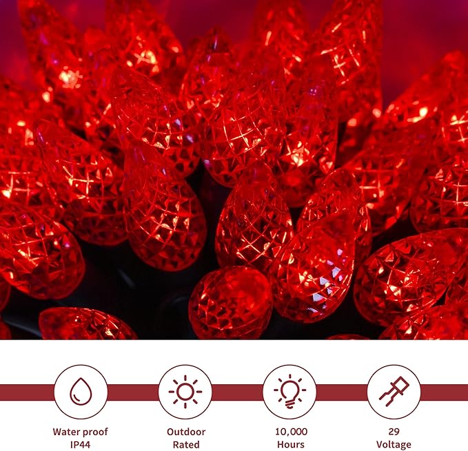 WATERGLIDE C6 Christmas Lights, 33ft 100 LED Faceted String Lights Green Wire Valentines Fairy Lights with 29V Adaptor, 8 Lighting Mode, Waterproof for Indoor Outdoor Patio Xmas Tree Party Decor, Red