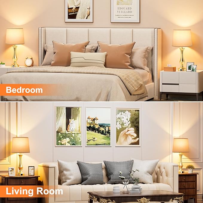 Seealle Upgraded Touch Lamps for Night Stands Set of 2 - Bedside Lamps with USB C+A, 3 Way Dimmable for Bedroom Living Room End Tables Office (Oat Shade&Coppery Base)