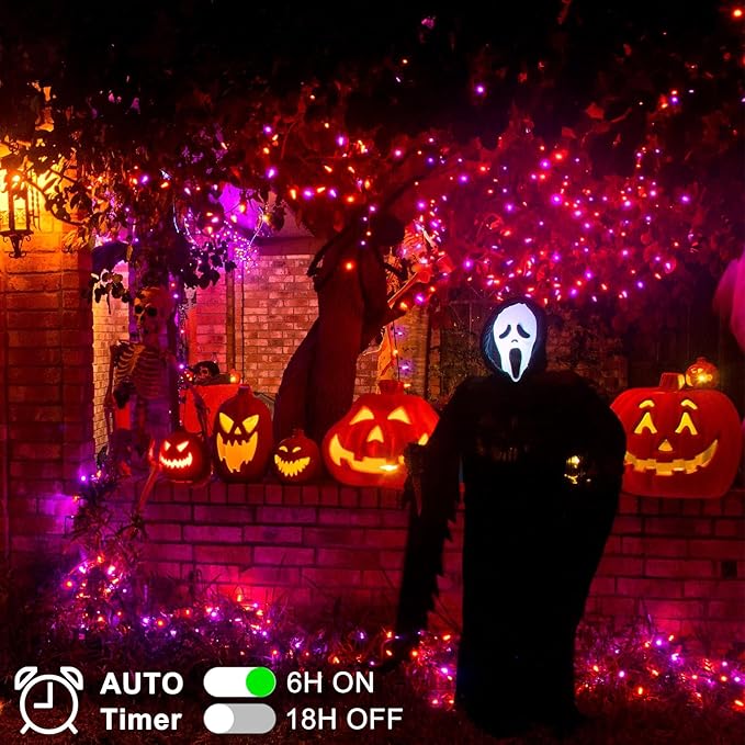 Purple Orange Halloween String Lights Battery, Total 20Ft 400 LED Cluster String Lights with Timer 8 Modes Firecracker Lights Outdoor Waterproof for Tree Home Decor
