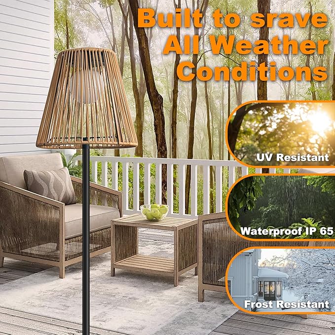 Outdoor Solar Floor Lamp, Garden Rattan Wicker Light, Metal Pole and Base, Waterproof Yard Garden Wedding Home Decor Light -Brown