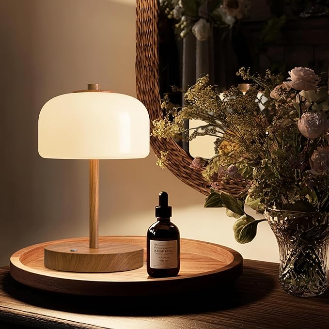 Oneach 9" Cordless Table Lamp, Wood Grain Rechargeable Battery Operated Lamp, 3-Way Stepless Dimming Touch Lamps, Small Glass Bedside Nightstand Light for Bedroom Dining Table Living Room Shelf Decor