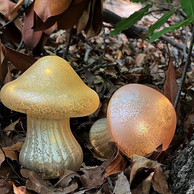 Glass Mushroom Lamp Cute Lamps for Bedrooms Battery Operated Mushroom Night Light Funky Lamp Ideal for Indoor & Outdoor Garden Decor (Yellow, Set 1)