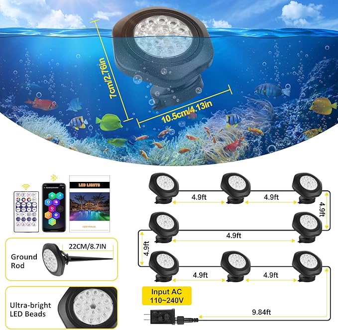 T-SUN Pond Lights LED Underwater – IP68 Waterproof Bluetooth App & Remote Submersible Fountain Lights with 16 Million Colors Dimmable Timer for Outdoor Koi Pond Garden Waterfall Aquarium(Set of 8)
