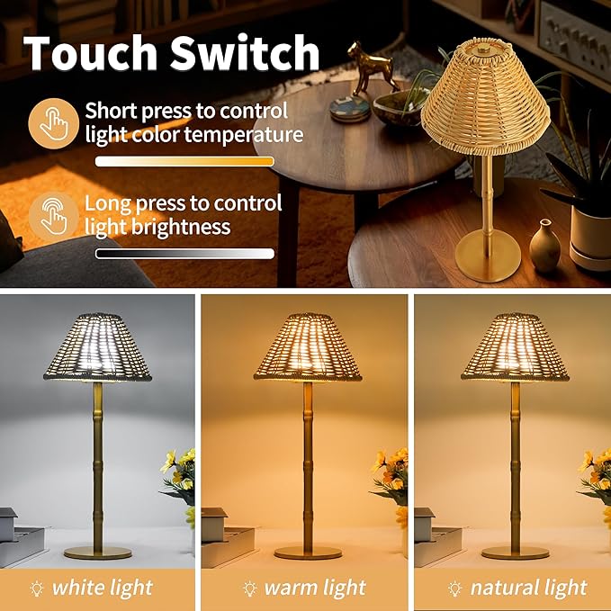 Mr.White Rechargeable Cordless Table Lamp with Wicker Shade, 5200mAh Battery Operated Portable Table Light with Touch Control, for Patio Restaurant Kitchen Dinner (Gold)