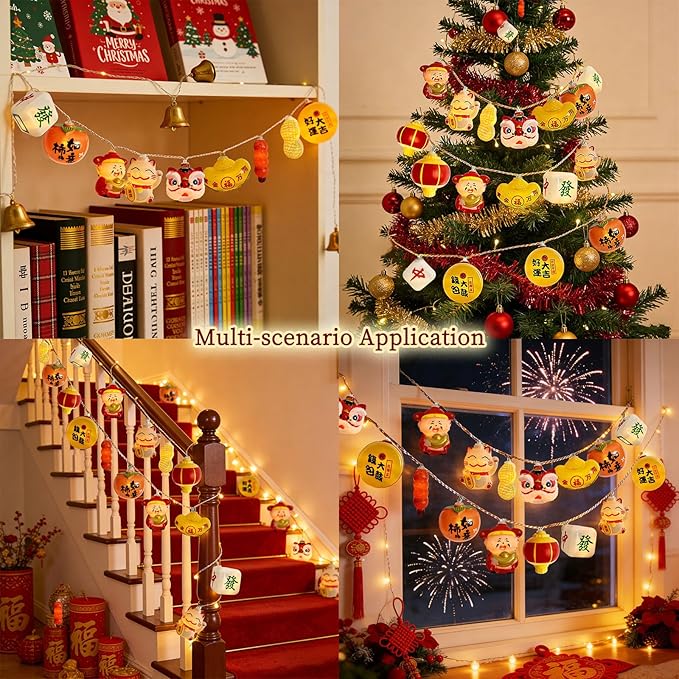 Chinese New Year LED Lights 10FT 20LED Spring Festival String Lights 2026 Chinese Lunar Decorations with 10 Lucky 3D Patterns Battery Operated 2 Lighting Modes for Chinese New Year Housewarming Decor