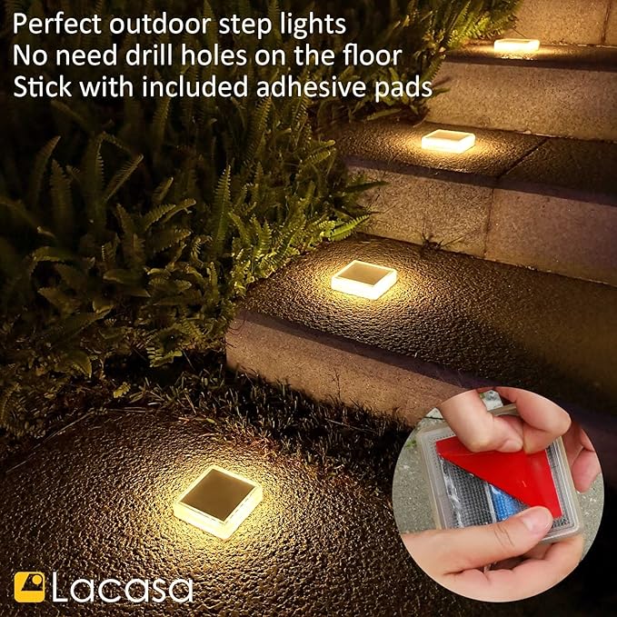 Lacasa Solar Deck Lights, 4 Pack 30LM LED Dock Lights Warm White 2700K, Outdoor Solar Powered Step Lights Light up All Night IP68 Waterproof Auto ON/Off for Garden Stairs Driveway Pathway Lighting