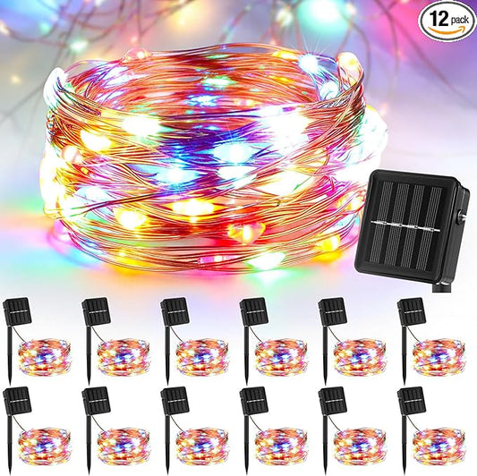 12 Pcs Solar String Lights Solar Mini Teeny Tiny Fairy Firefly Twinkle Light Waterproof 16ft 50 LEDs Garden String for Outdoor Garden Backyard Christmas Decoration(Color Light)