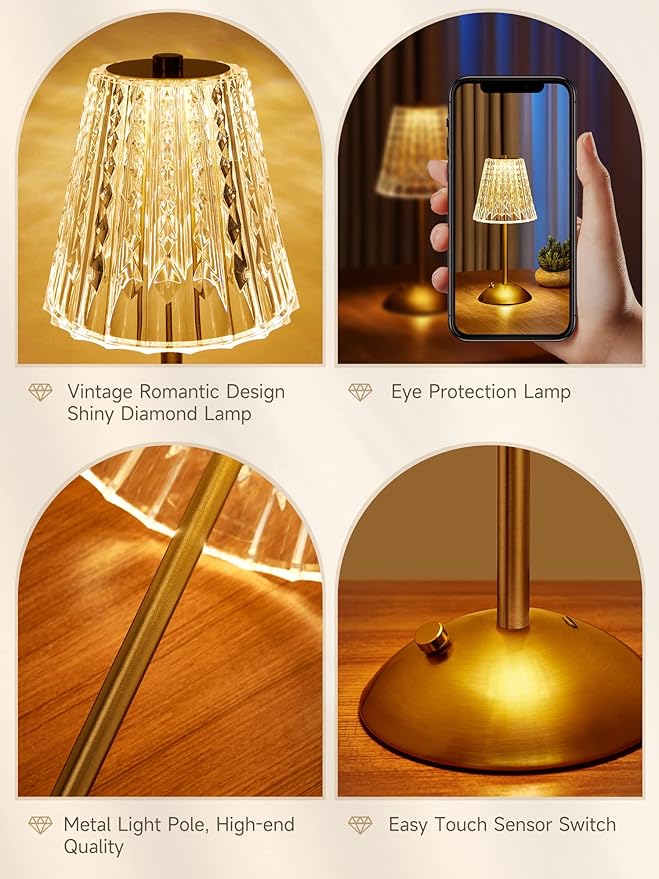 Valentines Gifts, Cordless Lamp, Crystal+Dimmable+3 Colors Rechargeable Lamp, Touch+2000mAh Battery Operated Vintage Ambient Light for Kitchen/Bedroom/Bathroom Shower, College Gifts for Teenage Girls