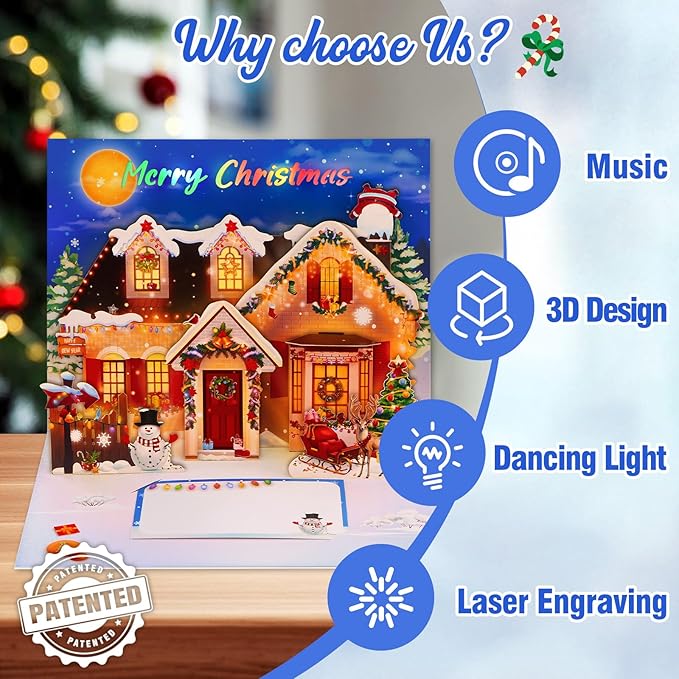 FaCraft Musical Christmas Cards, with Lights and Music, Decorated House, Handmade 3D Pop Up Christmas Card, with Envelope, Blank Insert and Seal, for Winter, Holidays, New Year