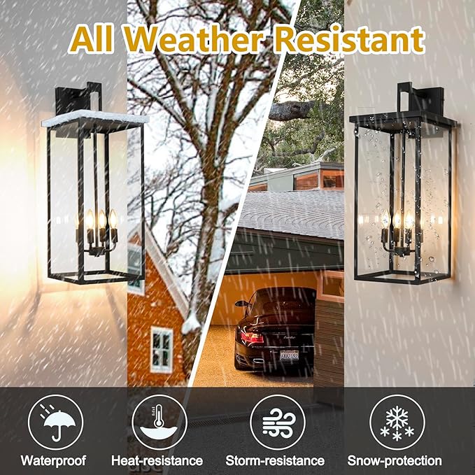 26 in Large Outdoor Wall Lantern, Modern Matte Black Exterior Light Fixtures for House with Clear Glass Shade, Large Outdoor Light Fixtures Wall Mount E12 Base Garage & Porch Wall Light