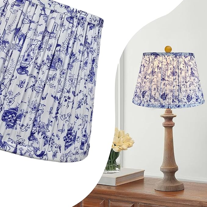 RDI Set of 2 Pleated Pattern Fabric Lampshade, Flora Collection, Large Lamp shade, 10.5 x 16 x 11 inch (Top x Bottom x Height), Blue White Garden - 2 Pack