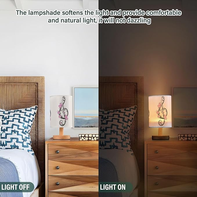 Treble Clef Music Note Pink Flower Floral Branch Table Lamp with Wood Base Fabric Lamp Shade Bedside Nightstand Desk Lamp for Living Room Bedroom Kids Room Office