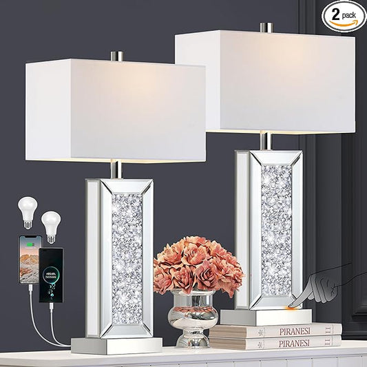 Modern Table Lamp Set of 2 Touch Control, Silver Mirror Big Diamond Crystal Bedside Lamp with USB C+A Ports, 3-Way Dimmable Mirrored Nightstand Lamps White Fabric Shade for Living Room Bedroom