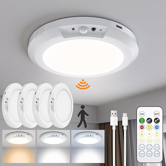 Motion Sensor Ceiling Light,Cordless Closet Light Battery Operated,3 Color Temperatures,Remote Control,Rechargeable Magnetic Mount LED Shower Lights for pantry,Stairs,Garage,Hallway (White 4 pack)