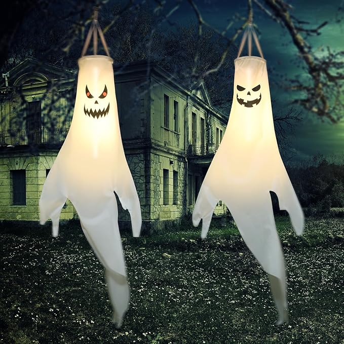 Halloween Ghost Decorations Outdoor: with Timer, 2 Pcs Spooky Hanging Ghost for Tree Porch Garden Yard, Waterproof LED Ghost Halloween Decor