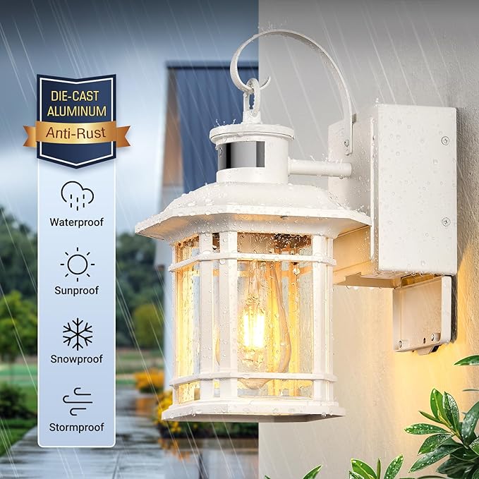 2 Pack White Porch Light with GFCI Outlet, 3 Modes Motion Sensor Exterior Lighting Fixtures, Dusk to Dawn Outside Lights for House, Porch, Garage, Waterproof, Anti-Rust