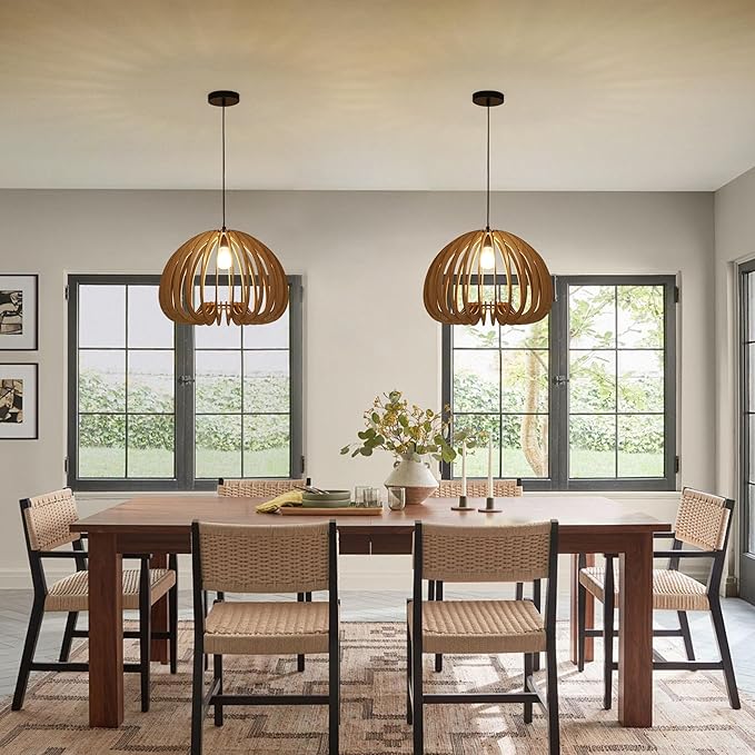Vintage Wood Pendant Light Fixtures, Modern Farmhouse Walnut Dining Room Chandelier, Mid-Century Ceiling Mount Hanging Light Fixture for Kitchen, Bedroom, Living Room, Foyer, Art Decor, Black