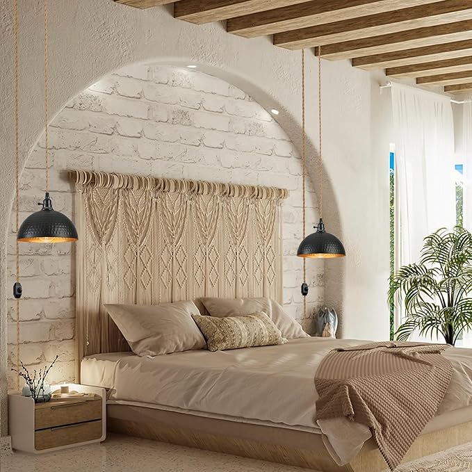 Plug in Pendant Lights Hammered Dome Hanging Lamp with Dimmable Switch 15 Ft Long Hemp Rope Farmhouse Pndant Light Cord Lighting Fixture DIY Hanging Light
