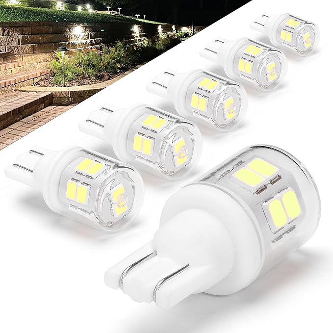 T5 T10 Wedge Base LED Landscape Lights, Daylight White 6000K Low Voltage AC/DC 12-24V, 2 Watts Equivalent 11W 18W Incandecent Bulbs for Camper RV Marine Boat Path Lawn Malibu Lighting, 6 Pack