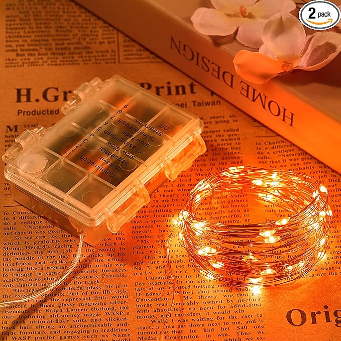 2 Pack 65.6 Ft. Battery Operated Outdoor String Lights with Remote & Timer, LED Orange Fairy Lights, Waterproof Twinkle Lights for Bedroom, Dorm, Mason Jar, Wedding, Party, Christmas